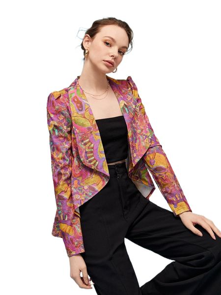 

x chanda redux allover print shawl collar puff sleeve blazer a6pr#, White