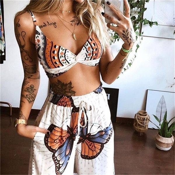 

twopiece suit underwear loose wide leg pants print boho beach summer women style material decoration origin gender season age 220527, White