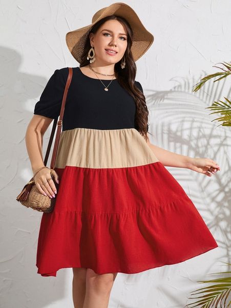 

plus color block puff sleeve ruffle hem smock dress i7tz#, Black