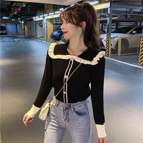 

autumn slim-fit sweater with wood earsdoll collar blouse and western style knit sweater trendy female collar 210412, White;black