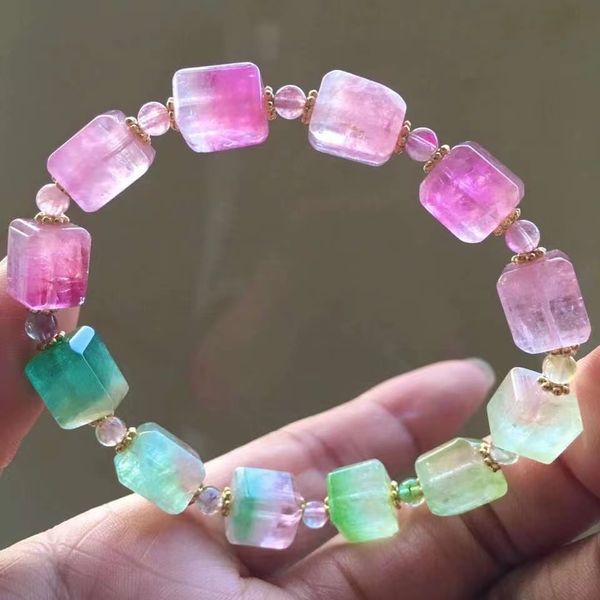 

natural red green tourmaline clear cube beads bracelet 8/11mm watermelon rainbow tourmaline women men crystal jewelry aaaaaaa, Silver