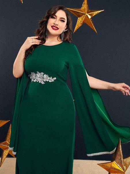 

plus embroidery appliques split sleeve dress g4az#, Black