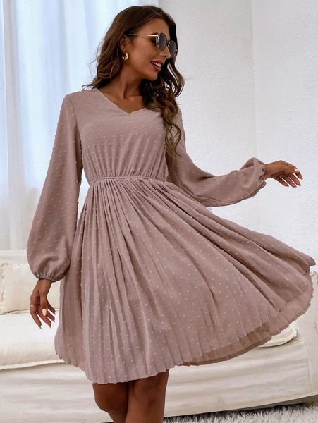 

swiss dot lantern sleeve pleated hem a-line dress c3rp#, Black;gray