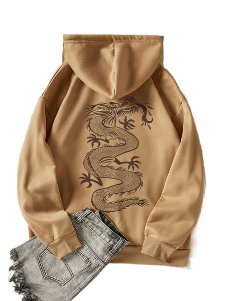 

chinese dragon graphic kangaroo pocket thermal lined drawstring hoodie 84d7#, Black