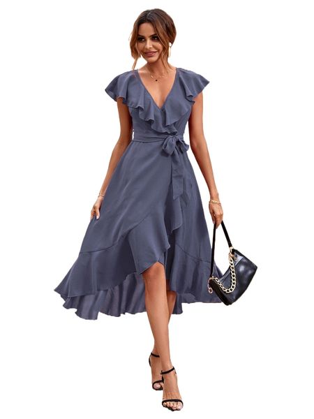 

solid ruffle trim belted wrap dress i1ka#, Black;gray