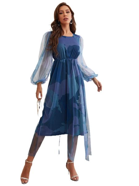 

allover print lantern sleeve mesh overlay dress f87p#, Black;gray