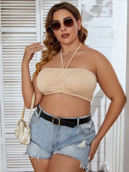 

plus drawstring tie backless crop halter n7en#, Black