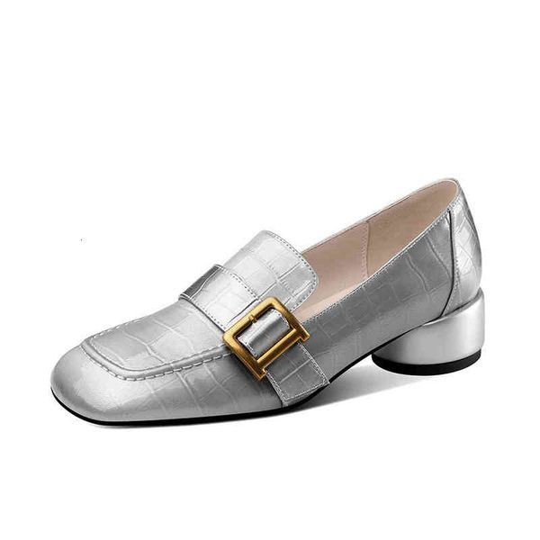 

dress shoes spring and summer women's shoes round head thick middle heels metal belt buckle huaniu patent leather single cq7h, Black