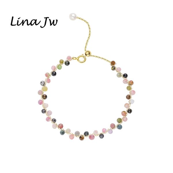 

lina jw gold color 3mm natural stone tourmaline bracelet on hand for women jewelry party wedding luxury gift set handwork 220726, Golden;silver