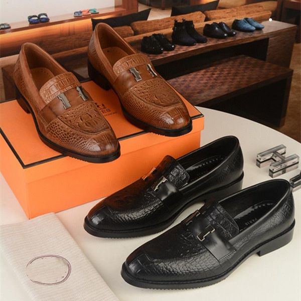 

a1 16 style hbrand luxury men genuine leather dress shoes italian design brown blue color hand-polished pointed toe wedding shoes size 38-45, Black