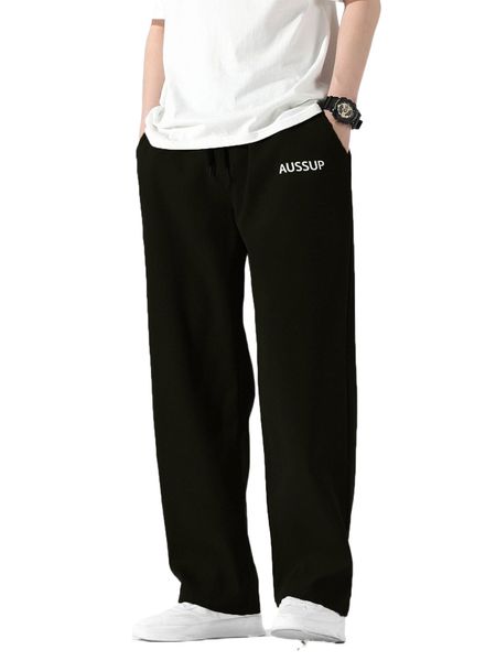 

men letter graphic drawstring waist pants v2w6#, Black
