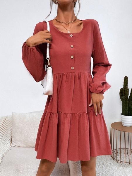 

single breasted lantern sleeve ruffle hem dress s2dm#, Black;gray