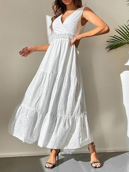 

tall eyelet embroidery shirred waist ruffle hem dress c5fb#, Black;gray