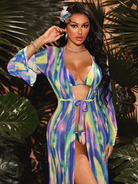 

sxy tie dye halter triangle bikini swimsuit with kimono h2av#, White;black