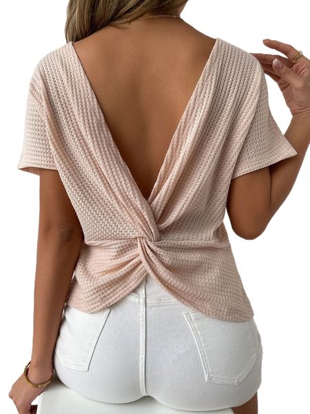 

waffle knit twist back batwing sleeve tee l1yf#, White