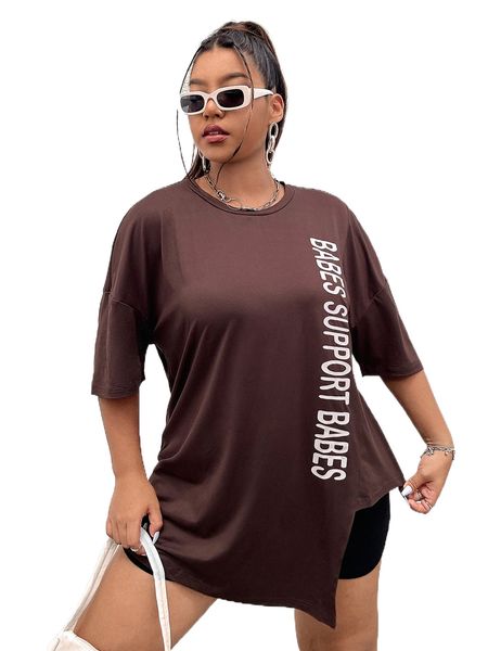 

plus letter graphic drop shoulder asymmetrical hem tee s4o3#, Black
