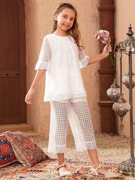 

girls flounce cuff keyhole back guipure lace & pants she, White