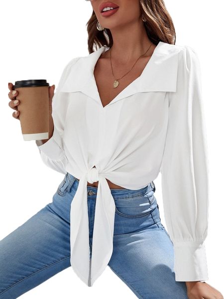 

solid tie front shirt p6rw#, White