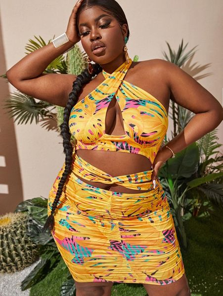 

sxy plus tropical print cut out twist front halterneck backless bodycon dress y5mb#, Black