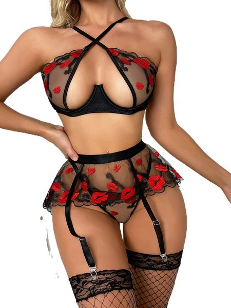 

mesh cut-out underwire garter lingerie set with 1pair stockings y8am#, Black;red