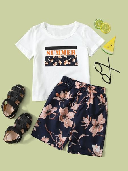 

toddler boys floral & letter graphic tee & shorts she, White