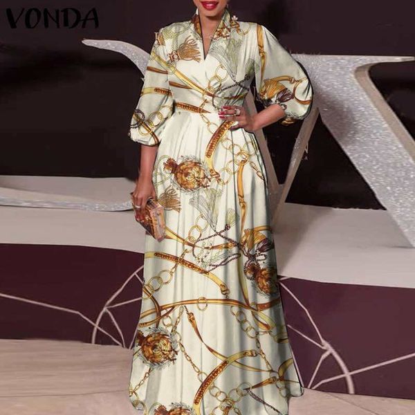 

elegant long maxi dress vonda women vintage floral printed beach holiday sundress oversized robe ues 220721, Black;gray