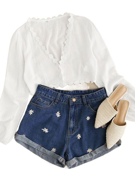 

daisy floral embroidery denim shorts a4pc#, White;black