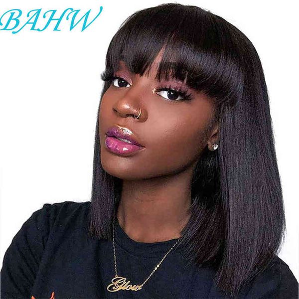 

bahw straight bob wig with bangs bone straight human hair wigs for women human hair no lace full machine made wigs fringe wig 220719, Black