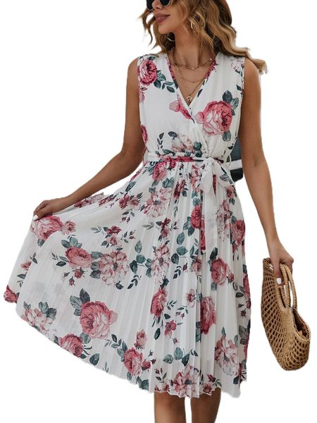 

floral print pleated belted dress s4pl#, Black;gray
