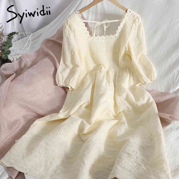 

fashion hook flower hollow high waist dresses women bow lace up puff sleeve square collar aline clothing summer 210415, Black;gray