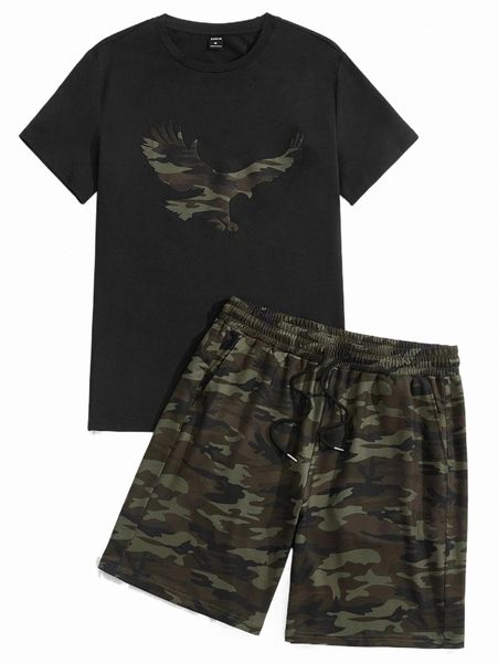 

men camo print tee & drawstring waist shorts y1lv#, Gray