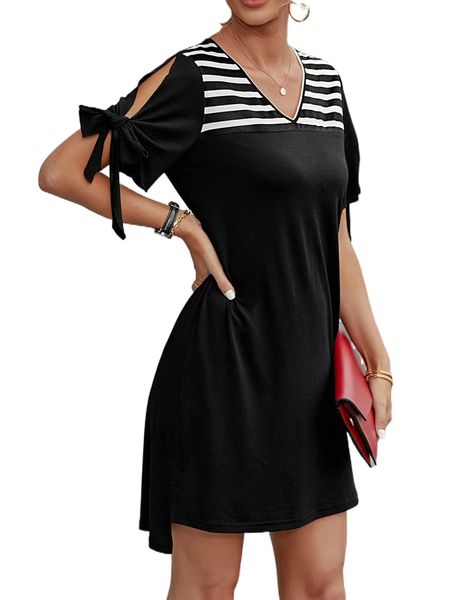 

striped tie cuff split high low hem tunic dress 55dm#, Black;gray