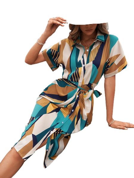 

geometric & striped print batwing sleeve belted shirt dress 67mu#, Black;gray