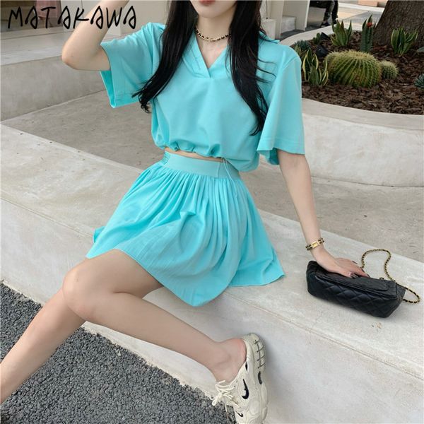 

twopiece set summer korean vneck women tshirt drawstring short high waist pleated skirt fashion suit 210506, White