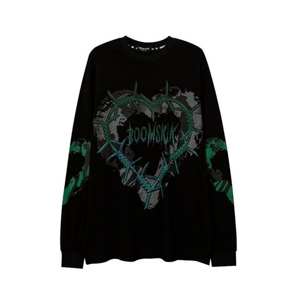 Houzhou Gothic Punk Green Print с длинным рукавом Футболка с длинным рукавом Гранж негабаритные Harajuku Streetwear O-Hee Black Top Pullover 220315