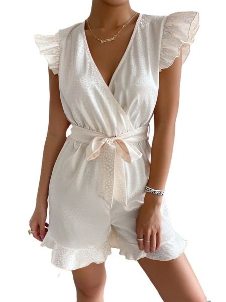 

satin jacquard surplice neck ruffle hem belted romper f7i8#, Black;white