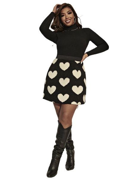 

plus heart pattern fuzzy skirt 40xt#, Black