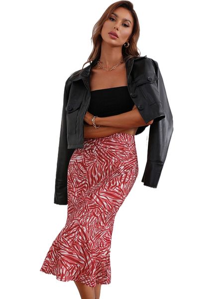 

high waist allover print slit skirt v45w#, Black