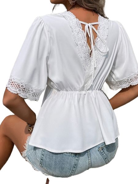 

tie back contrast guipure lace overlap collar peplum hem blouse 27vu#, White