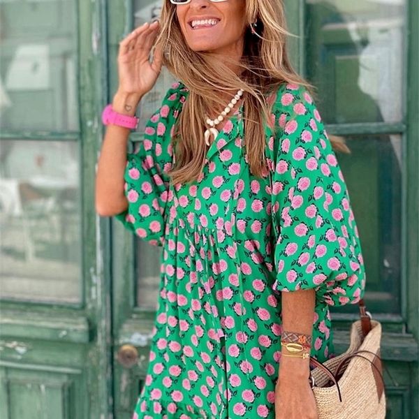 

boho maxi dress women floral print summer holiday beach dress female short puff sleeve loose sundress green vestidos mujer 220602, Black;gray