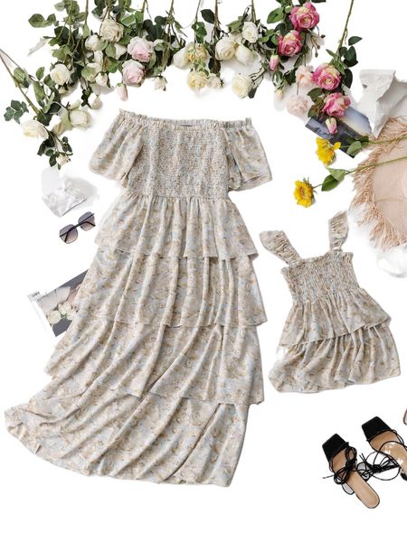 

plus 1pc allover print shirred off shoulder layered hem dress h6mm#, Black