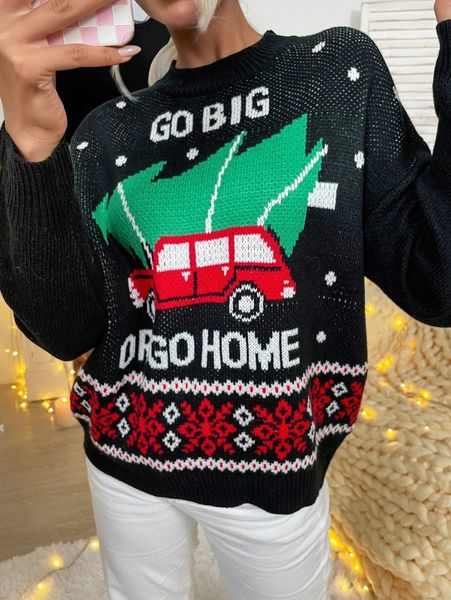 

christmas pattern drop shoulder sweater d0de#, White;black