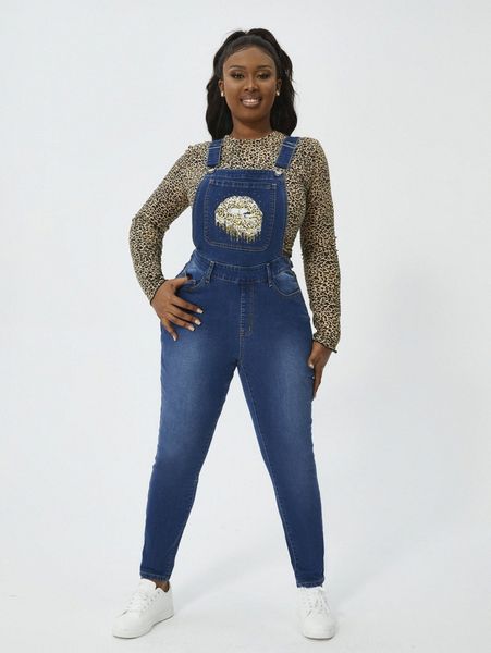 

plus leopard & lip print denim overalls without tee g8bp#, Black;white