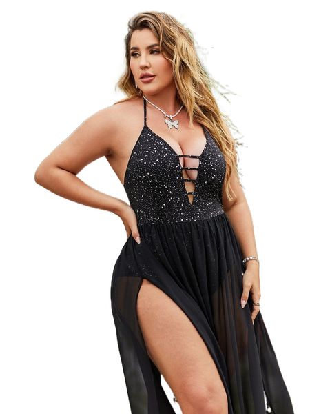 

plus ladder cut out tie backless split thigh bodysuit insert dress 04em#, Black