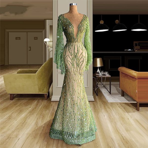 

glitter mermaid prom dresses deep v neck long sleeves lace beads sequins appliques evening gowns plus size formal party gowns custom made ve, Black
