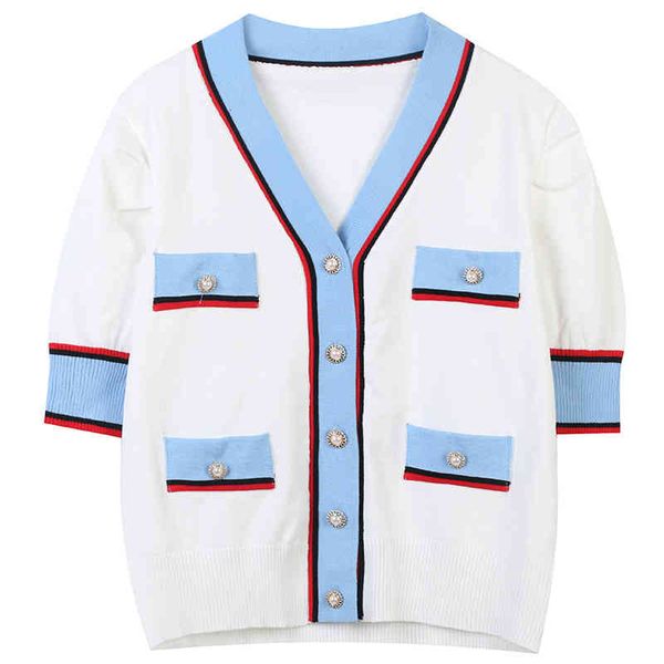 

women's sweaters french sweater women's 2022 spring and summer color contrast stripe single breasted v-neck niche knitted cardigan, White;black