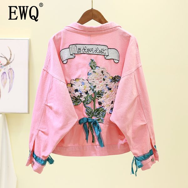 

ewq summer fruit long sleeve denim jacket turndown collar print embroidery loose ladies clothing women coat qh198 201029, Black;brown