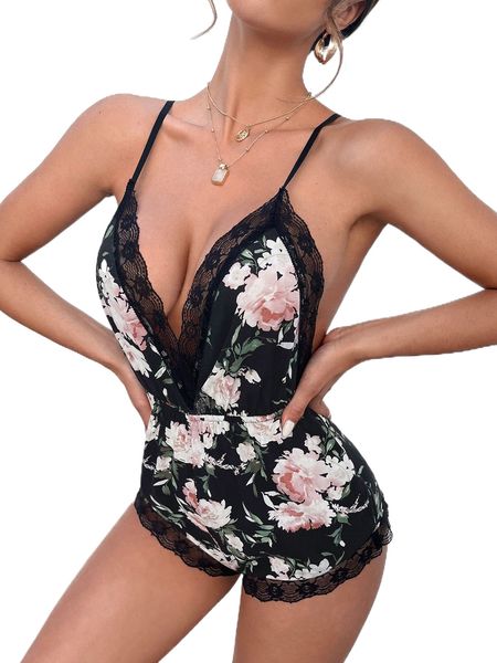 

floral print lace trim crisscross backless sleep romper o6uk#, Black;red