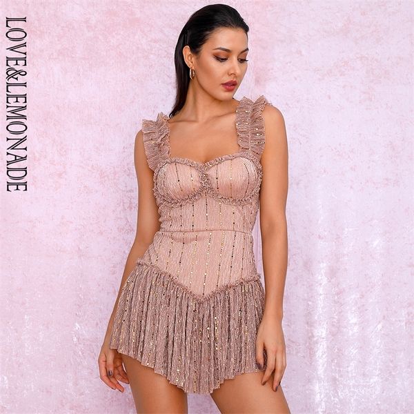 LOVELEMONADE Nude Tube Top Sling Compound Pailletten Material Slinky Rüschen Party Playsuit LM81256A 220505