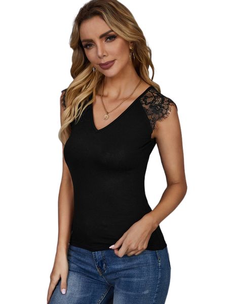 

eyelash lace panel v neck tee j4ca#, White